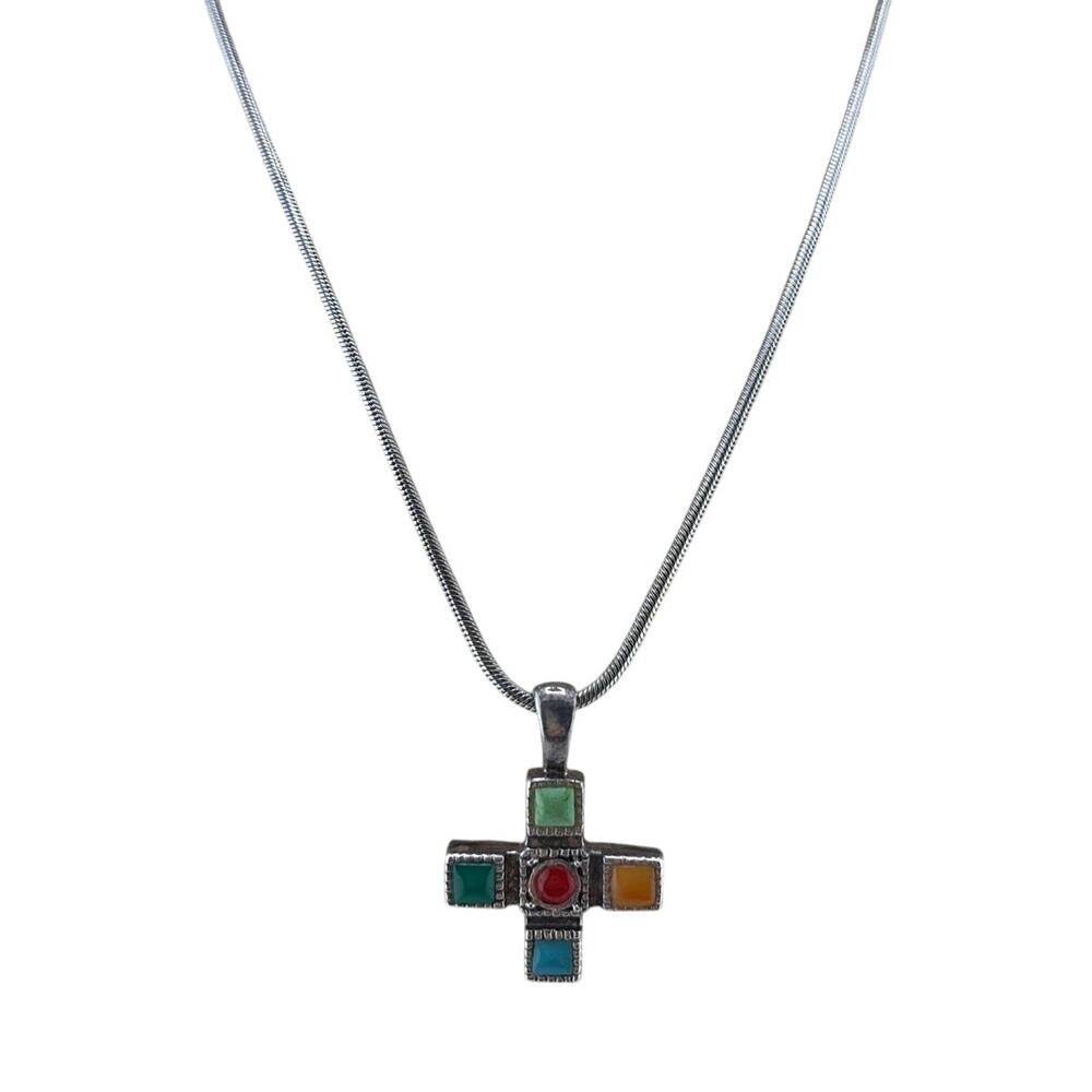 Vintage Sterling Silver Multi Gemstone Mosaic Cross Pendant Necklace